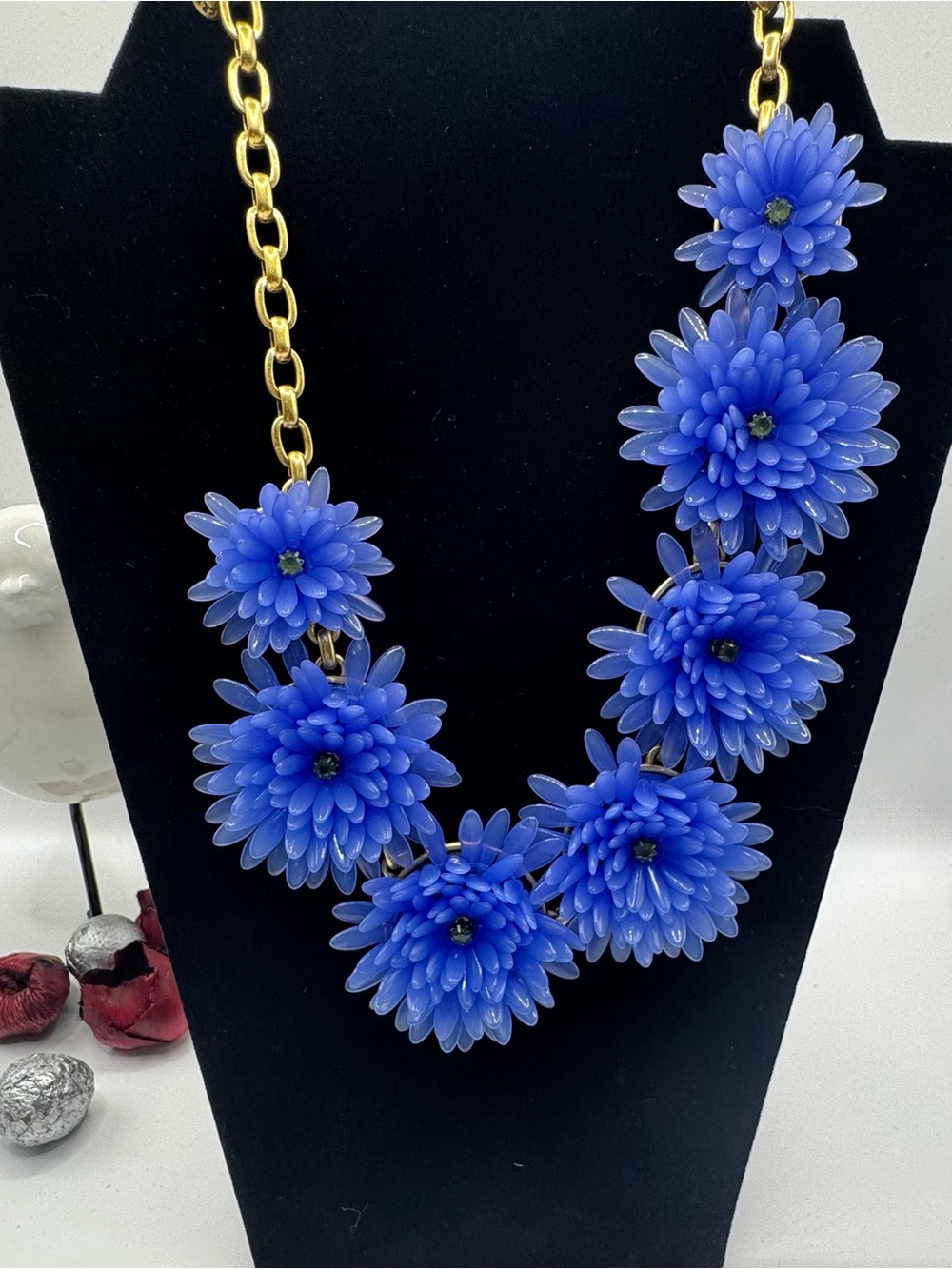 J. Crew Blue Blossom Floral Statement Necklace - Gold Chain